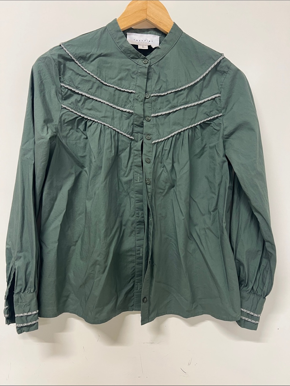 THE SHIRT by rochelle behrens, XS, Long Sleeve, Button Up, Green, Button Cuffs